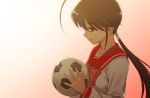  1girl ball bow brown_eyes brown_hair looking_down morisawa_haruyuki ponytail school_uniform serafuku smile soccer soccer_ball solo source_request telstar 