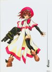  1girl azuma_mayumi cisqua elemental_gelade gun hat highres red_eyes redhead short_hair shorts smile solo weapon 