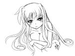  1girl breast_squeeze breasts fate_testarossa frapowa large_breasts long_hair lyrical_nanoha mahou_shoujo_lyrical_nanoha mahou_shoujo_lyrical_nanoha_strikers monochrome sketch solo 
