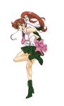  1girl 90s bishoujo_senshi_sailor_moon boots bow brown_hair earrings elbow_gloves fujimoto_satoru gloves green_boots green_skirt hair_bobbles hair_ornament jewelry kino_makoto magical_girl pink_bow ponytail sailor_jupiter skirt solo tiara white_background white_gloves 