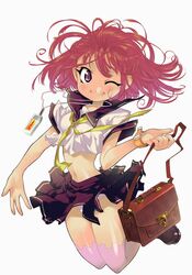  1girl bag eika_(artist) original panties pantyshot redhead school_uniform serafuku simple_background solo thigh-highs underwear violet_eyes wink 