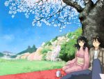  alcohol black_eyes black_hair cherry_blossoms hirono japanese_clothes original picnic sake sky tree 