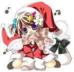  1girl :d bad_id beamed_quavers brown_hair dress hat koge_donbo looking_at_viewer lowres musical_note open_mouth original quaver red_dress santa_costume santa_hat scarf short_hair simple_background smile snow snowman solo violet_eyes white_background 