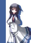  1girl aruruw black_hair blue_eyes blush dress fictional_sister japanese_clothes looking_at_viewer silhouette simple_background solo utawareru_mono white_background white_dress wide_sleeves 