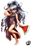  1girl alfimi banpresto blue_hair china_dress chinese_clothes dress fan feather_fan folding_fan high_heels hisahiko long_hair ponytail red_eyes shoes side_slit simple_background solo super_robot_wars very_long_hair 