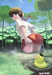  1girl brown_hair green_eyes hair_ornament hairclip leaning_forward lily_pad looking_back necktie original ripples rubber_duck sasaki_toshiyuki shirt signature skirt skirt_lift solo thighs wading water white_shirt 