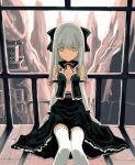  1girl bow elbow_gloves gloves grey_eyes long_hair rato ribbon silver_hair sitting skirt solo thigh-highs zettai_ryouiki 