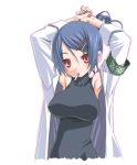  1girl armband armpits blue_hair breasts cigarette huge_breasts labcoat large_breasts open_clothes open_shirt red_eyes sakuya_tsuitachi shirt short_hair sleeveless sleeveless_turtleneck smoking solo translated turtleneck 