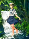  1girl barefoot brown_eyes brown_hair holding holding_shoes nature original school_uniform serafuku shoes short_hair skirt solo wading water waterfall yuuki_keisuke 