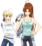  2girls ahoge akari_maki belt blonde_hair bracelet brown_eyes brown_hair chains crossed_arms crossover denim fatal_fury fate/stay_night fate_(series) green_eyes hand_on_hip height_difference hips jeans jewelry king_of_fighters long_hair multiple_girls pants ponytail saber shiranui_mai smile snk tank_top the_king_of_fighters 