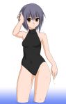  adjusting_hair bare_shoulders casual_one-piece_swimsuit hips mem nagato_yuki one-piece_swimsuit sleeveless sleeveless_turtleneck suzumiya_haruhi_no_yuuutsu swimsuit turtleneck wading water wet wide_hips 