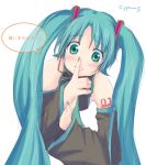  1girl cyprus finger_to_mouth hatsune_miku long_hair shushing simple_background solo twintails very_long_hair vocaloid 