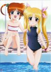  00s 2girls bandeau bikini black_swimsuit blonde_hair blue_eyes blush brown_hair checkered checkered_floor covered_navel fate_testarossa highres indoors long_hair lyrical_nanoha mahou_shoujo_lyrical_nanoha multiple_girls okuda_yasuhiro open_mouth pool poolside print_bikini red_eyes short_hair swimsuit takamachi_nanoha twintails violet_eyes white_bikini white_swimsuit 