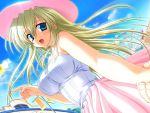  1girl amusement_park asaba_yuu blonde_hair blue_eyes blush ferris_wheel game_cg hand_holding happy hat kimi_to_koishite_musubarete long_hair skirt sky smile solo sora_kirishima swimsuit 