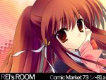  1girl artist_name bow bowtie closed_mouth expressionless little_busters!! long_sleeves looking_at_viewer natsume_rin pink_bow pink_bowtie ponytail red_eyes redhead rei_(artist) rei_(rei&#039;s_room) solo text upper_body 