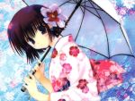 1girl black_hair blush flower japanese_clothes kimono mitsumi_misato solo umbrella 