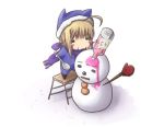  1girl :3 ahoge blonde_hair blue_scarf chibi fate/hollow_ataraxia fate/stay_night fate_(series) hat lowres saber satomi scarf shaved_ice snowman solo spoon 