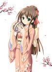  ball blush brown_hair cherry_blossoms japanese_clothes kimono long_hair ribbon sakura 