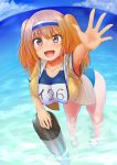  1girl :d armpits blue_sky breasts clouds cloudy_sky commentary_request hairband highres i-26_(kantai_collection) kantai_collection large_breasts leaning_forward light_brown_eyes light_brown_hair long_hair looking_at_viewer name_tag new_school_swimsuit ocean one-piece_swimsuit open_clothes open_mouth partially_submerged raseruta sailor_collar sandals school_swimsuit short_sleeves sky smile solo swimsuit swimsuit_under_clothes torpedo two-tone_hairband two_side_up water waving 