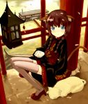  1girl alcohol animal_ears braid cat cat_ears cat_tail hair_over_shoulder japanese_clothes long_hair rato sake sitting solo tail thigh-highs twin_braids 