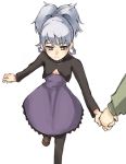  1girl choker darker_than_black dress female grey_hair hair_ribbon hand_holding long_sleeves pantyhose ponytail purple_dress purple_ribbon ribbon simple_background solo_focus violet_eyes walking white_background yamamoto_shima yin 