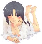  1girl asakura_ryouko barefoot bed blush breasts cleavage feet large_breasts open_clothes open_shirt shirt solo suzumiya_haruhi_no_yuuutsu tomako 