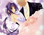  1boy 1girl artbook blush bow bride couple dress elbow_gloves formal gloves hair_bow hair_ornament hetero kishou_seireiki nanase_aoi seven_colors_of_the_wind suit wedding wedding_dress 