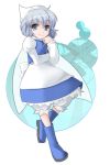  1girl blue_eyes boots closed_mouth dress female full_body letty_whiterock long_sleeves looking_at_viewer rubber_boots short_hair silver_hair simple_background smile solo touhou walking wapokichi white_background white_dress 