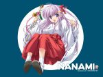  1girl blue_eyes hakama japanese_clothes konoe_nanami lamune long_hair miko purple_hair red_hakama sitting smile solo 