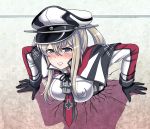  1girl anchor black_gloves blonde_hair blush breasts cracked_wall gloves graf_zeppelin_(kantai_collection) grey_eyes hat kantai_collection large_breasts long_hair long_sleeves parted_lips solo stuck through_wall tk8d32 twintails 