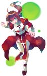  1girl ahoge brown_hair cross_print dress green_eyes high_priest long_hair long_sleeves looking_at_viewer outstretched_arm ponytail ragnarok_online red_dress redhead ribbon running shati simple_background solo thigh-highs white_background 