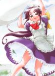  1girl andou_mahoro bow clouds cloudy_sky dress frills gem green_eyes jumper legs looking_down mahoromatic maid open_mouth pinafore_dress plait purple_dress purple_hair red_bow saeki_shouji shouji_saeki sky solo yellow_bow 