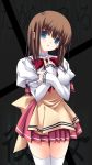  1girl apron blue_eyes bow bowtie brown_hair looking_at_viewer original parted_lips sleeves_past_wrists solo thigh-highs waitress zettai_ryouiki zinno 