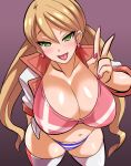  1girl blonde_hair blush breasts cleavage earrings from_above green_eyes gundam gundam_tekketsu_no_orphans highres huge_breasts jacket jewelry konno_tohiro lafter_frankland long_hair looking_at_viewer nail_polish naughty_face open_mouth skindentation striped_panties thigh-highs tongue twintails v white_legwear 