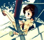  1girl black_hair flat_chest hair_ornament hairclip japanese_clothes rato shade short_hair sitting solo stairs 