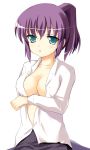  1girl blue_eyes blush breasts cleavage green_eyes henrietta_de_tristain large_breasts medium_breasts open_clothes open_shirt ponytail purple_hair safi shirt short_hair skirt zero_no_tsukaima 