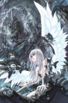  1girl android angel angel_wings cable feathers grey_eyes grey_hair kurogin long_hair machine original robot_girl silver_hair solo technology white_hair wings 