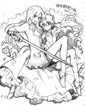  2girls 90s :d bare_legs breasts chiba_sadoru curly_hair himemiya_anthy holding holding_weapon long_hair looking_at_viewer monochrome multiple_girls open_mouth rapier sencha shoujo_kakumei_utena simple_background sitting sketch small_breasts smile sword tenjou_utena unsheathed very_long_hair weapon white_background 
