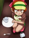  1girl bow brown_eyes child cup female gegege_no_kitarou hair_ribbon haruyama_kazunori mug nekomusume panties pantyshot redhead ribbon short_hair solo spoon thighs touei tray underwear upskirt visor waitress 