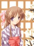  brown_hair flower japanese_clothes kimono long_hair ribbon smile yagasuri 