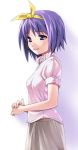  1girl azu blue_eyes hair_ribbon hiiragi_tsukasa lucky_star older purple_hair ribbon short_hair smile solo 