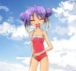  1girl alternate_hairstyle clouds collarbone double_bun gofu hair_ribbon hiiragi_kagami lucky_star one-piece_swimsuit purple_hair ribbon sky smile solo swimsuit traditional_media 