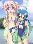  2girls ahoge alternate_hairstyle bikini blue_hair braid breasts cleavage green_eyes innertube izumi_konata long_hair lucky_star medium_breasts multiple_girls name_tag one-piece_swimsuit open_clothes open_shirt pink_hair school_swimsuit shirt side_ponytail small_breasts smile striped striped_bikini striped_swimsuit swimsuit takara_miyuki violet_eyes water white_swimsuit x-4kazu 