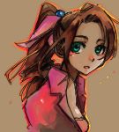  1girl aerith_gainsborough aqua_eyes bow brown_hair cosmic_chicken cropped_jacket final_fantasy final_fantasy_vii green_eyes inuinui long_hair pink_bow ponytail solo upper_body 