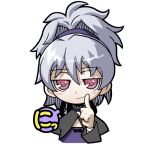  1girl chibi darker_than_black dress female fingersmile grey_hair long_sleeves maroon_eyes pink_eyes ponytail purple_dress purple_ribbon ribbon simple_background solo white_background yagumo_kengou yin 