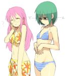  2girls bikini closed_eyes flat_chest floral_print flower glasses green_hair hips iwasaki_minami lucky_star multiple_girls navel pink_hair sketch smile striped striped_bikini striped_swimsuit summer swimsuit takara_miyuki yu_65026 