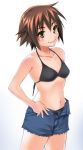  1girl azu bikini bikini_top bikini_under_clothes brown_hair denim denim_shorts kusakabe_misao lucky_star open_clothes open_fly open_shorts short_hair shorts solo swimsuit swimsuit_under_clothes tieback unzipped 