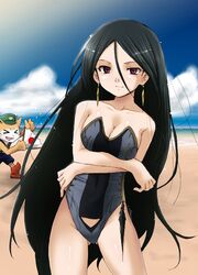  &gt;_&lt; 1girl bare_shoulders beach black_hair breast_hold breasts casual_one-piece_swimsuit cendrillon_(otogi-jushi_akazukin) cleavage closed_eyes crossed_arms earrings fan folding_fan fox japan jewelry kaiga long_hair ocean one-piece_swimsuit otogi-jushi_akazukin smile solo_focus swimsuit very_long_hair violet_eyes 