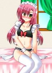  1girl blush bra brown_eyes hayate_no_gotoku! katsura_hinagiku lask lingerie long_hair maid panties pink_hair solo thigh-highs underwear underwear_only 
