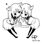  2girls animal_ears fox_ears hand_holding monochrome multiple_girls pantyhose rato school_uniform serafuku 